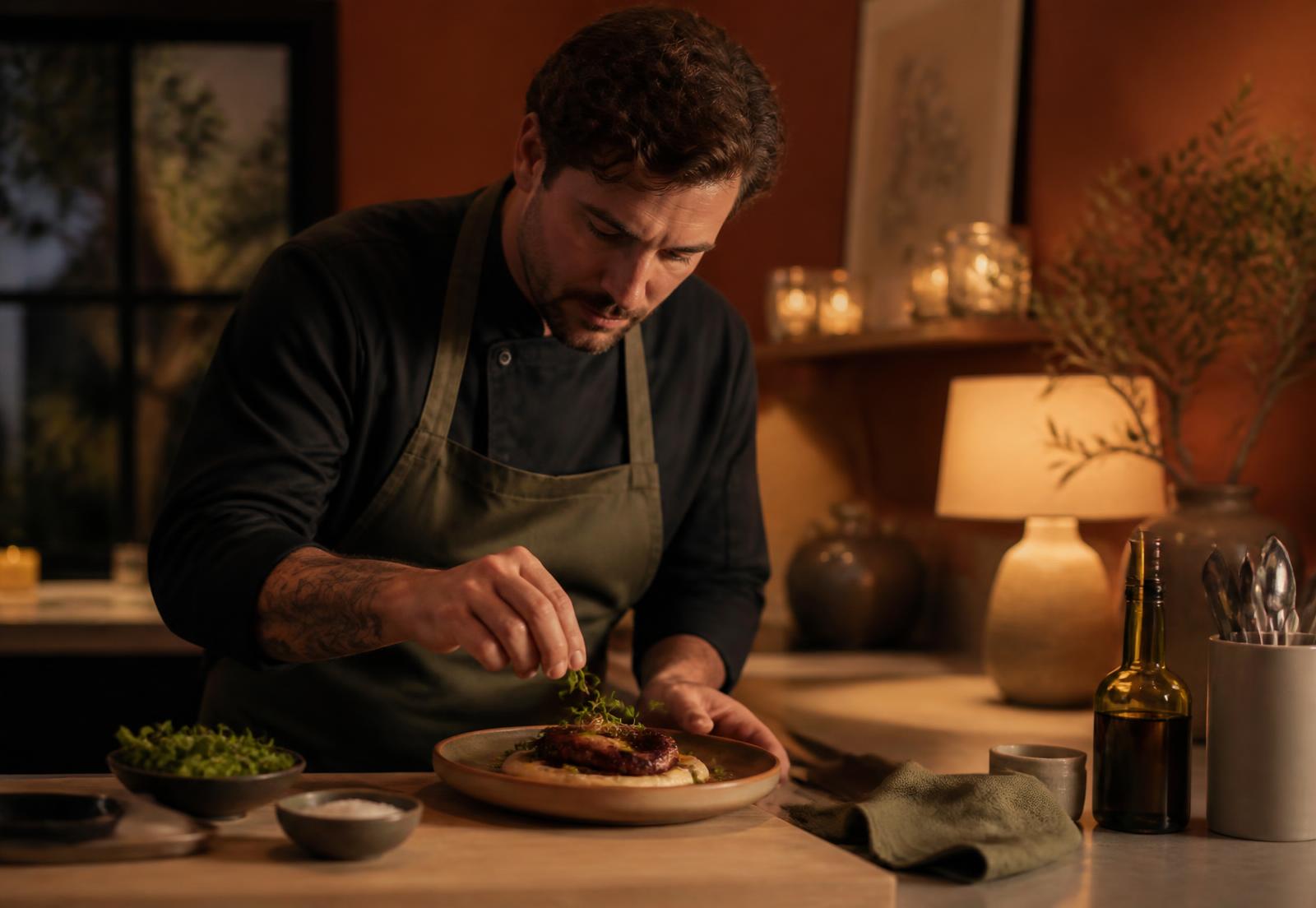 Freelance chef plating a dish in a client's home kitchen